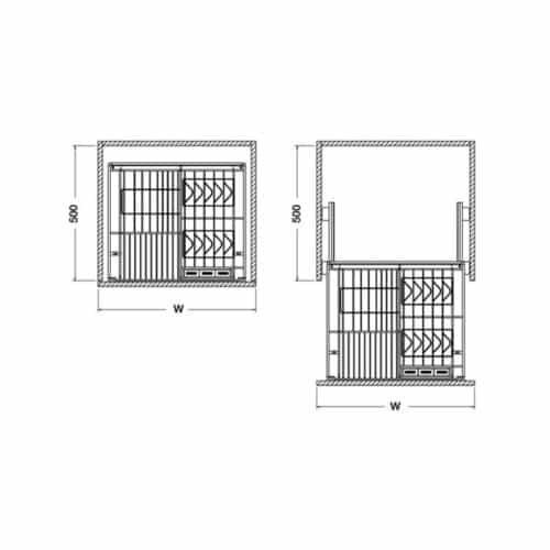 Kích thước bộ rổ kéo đựng chén đĩa gắn cánh rộng 900 Verona Hafele 549.03.156