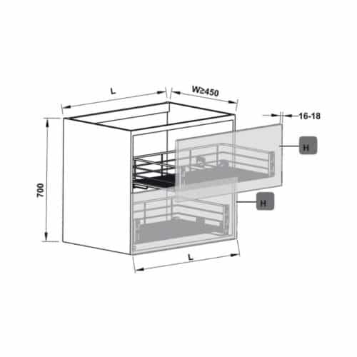 Kích thước bộ rổ kéo Hafele 549.03.132 cho tủ bếp dưới rộng 450mm