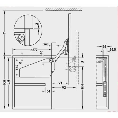 Kích thước bộ tay nâng FREE UP Hafele 493.05.800 nắp xám