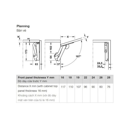 Tay nâng Hafele Free Space 1.11 D 493.05.922 4 Bản vẽ của tay nâng Hafele Free Space 1.11 D 493.05.922