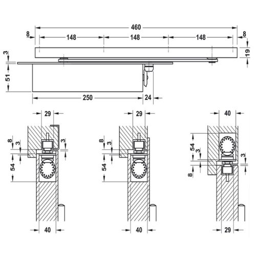Thiết bị đóng cửa tự động lắp âm 150Kg Hafele 931.84.389 3 Kích thước thiết bị đóng cửa tự động lắp âm 150Kg Hafele 931.84.389