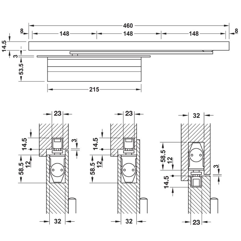 Kích thước thiết bị đóng cửa tự động lắp âm 80Kg Hafele 931.84.059 Kích thước thiết bị đóng cửa tự động lắp âm 80Kg Hafele 931.84.059