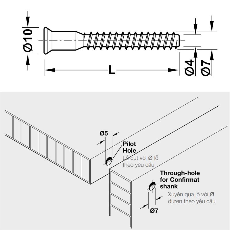 Kích thước vít Confirmat 38mm Hafele 264.43.091 Kích thước vít Confirmat 38mm Hafele 264.43.091