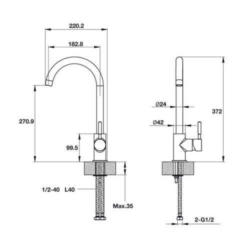 Vòi rửa bát HT19-GH1F270 Hafele 570.51.390 3 Kích thước vòi rửa bát HT19-GH1F270 Hafele 570.51.390