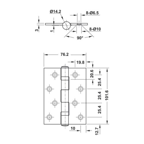 Kích thước bản lề lá 2 vòng bi 70Kg Hafele 926.20.804
