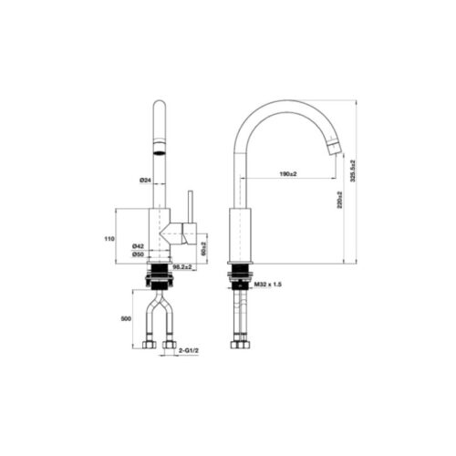 Kích thước vòi rửa bát nóng lạnh Hafele HT25-SH1F220 570.85.042 Chrome mờ