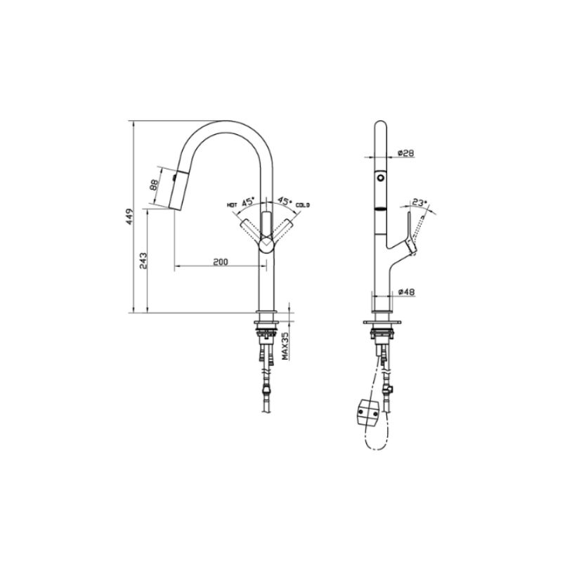 Kích thước vòi rửa bát nóng lạnh Hafele LUX-P HT25-SH1F449 570.85.046 Titan Kích thước vòi rửa bát nóng lạnh Hafele LUX-P HT25-SH1F449 570.85.046 Titan